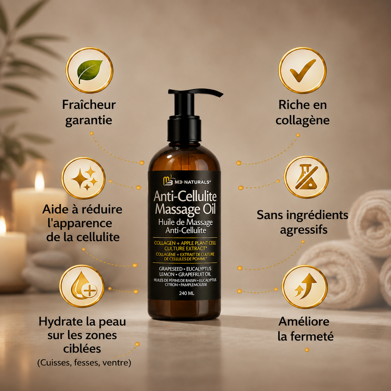 Huile de massage anti-cellulite et raffermissante – Collagène & Cellules Souches